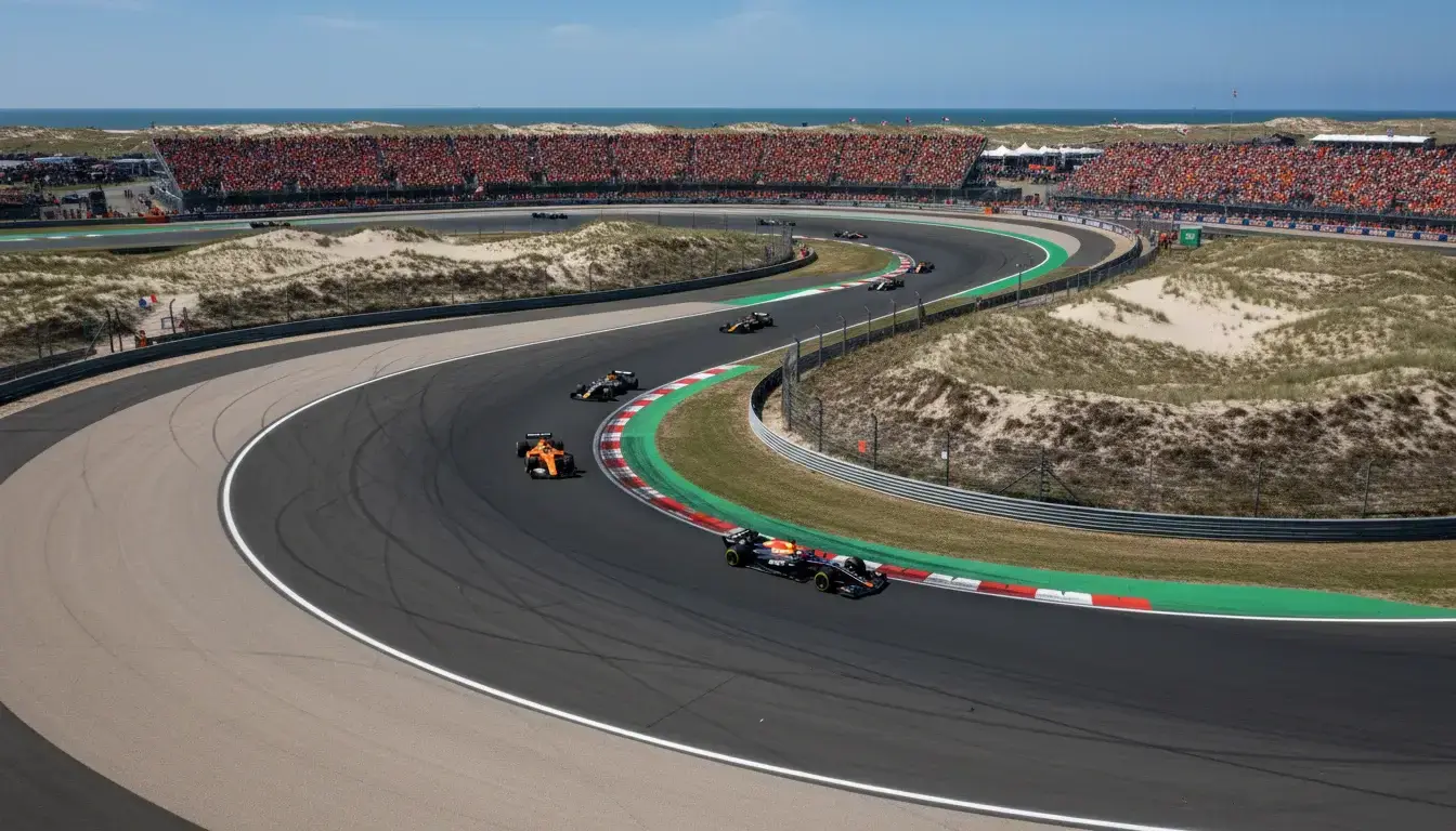 Circuit Zandvoort met oranje tribunes tijdens de Dutch Grand Prix