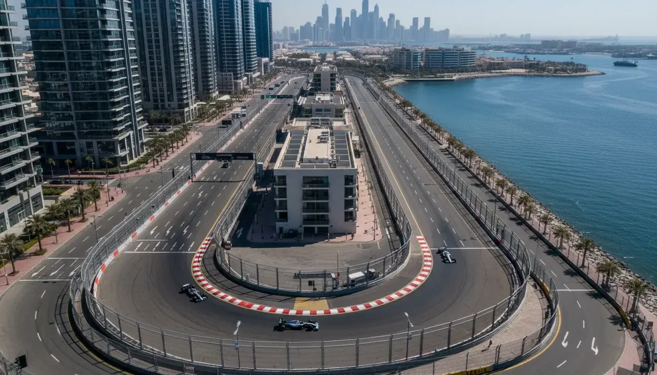 Luchtfoto van een F1 stratencircuit met haarspeldbochten en hoge gebouwen
