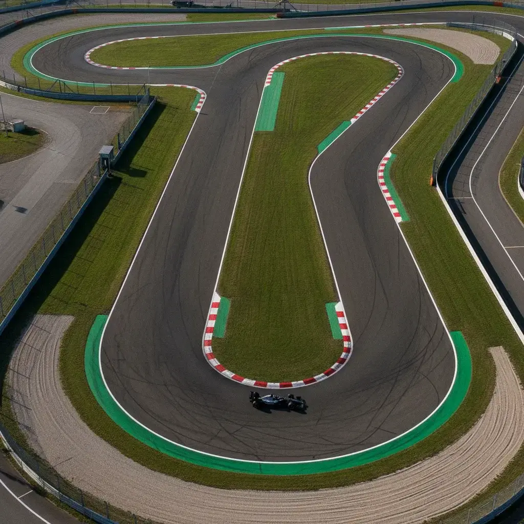 Bovenaanzicht van een Formule 1-circuit met verschillende bochttypen en sectoren