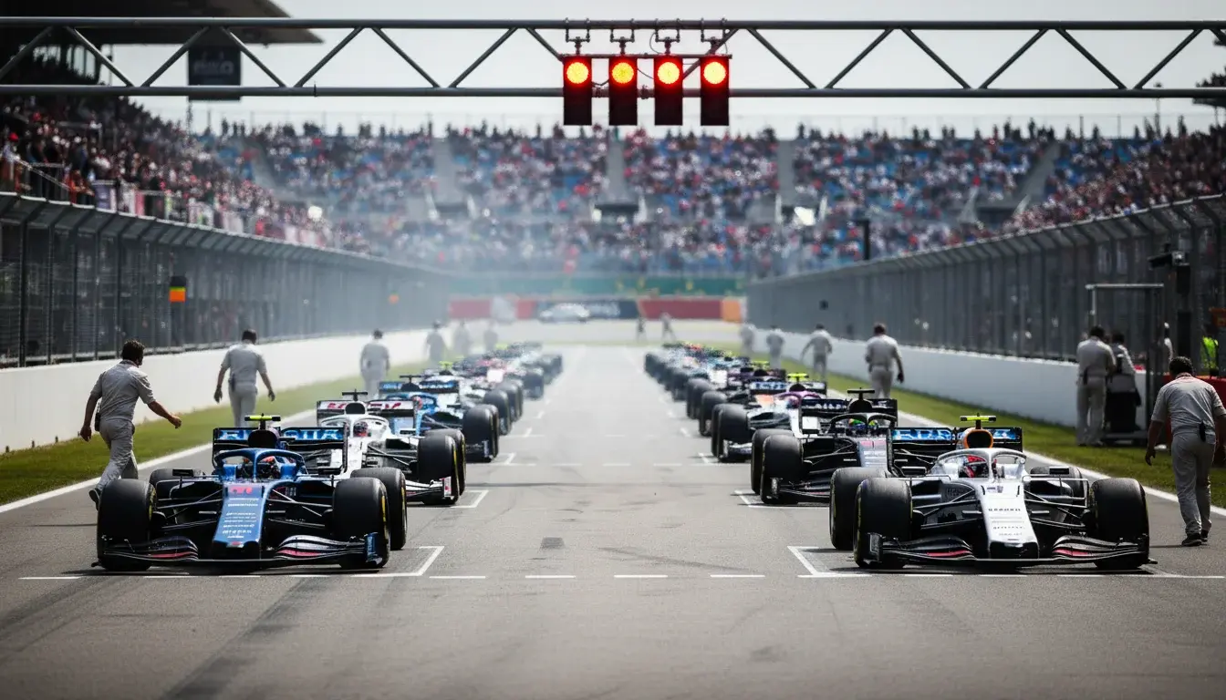Meerdere Formule 1-bolides op de startgrid klaar voor de race