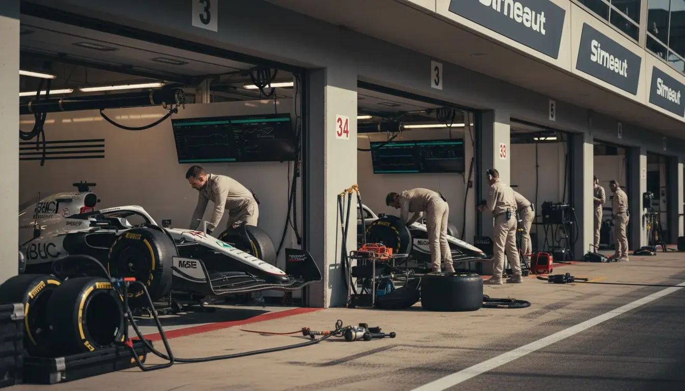F1-teams in de pitstraat met monteurs en bolides