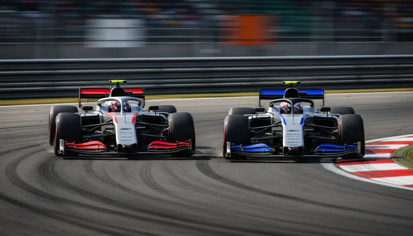 Twee F1-bolides in een onderling duel op het circuit