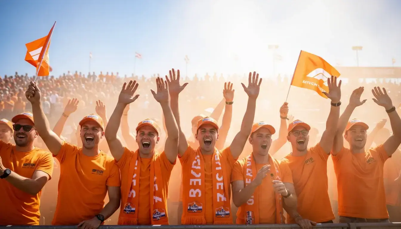 Nederlandse F1 fans in oranje kleding juichen tijdens de Dutch Grand Prix