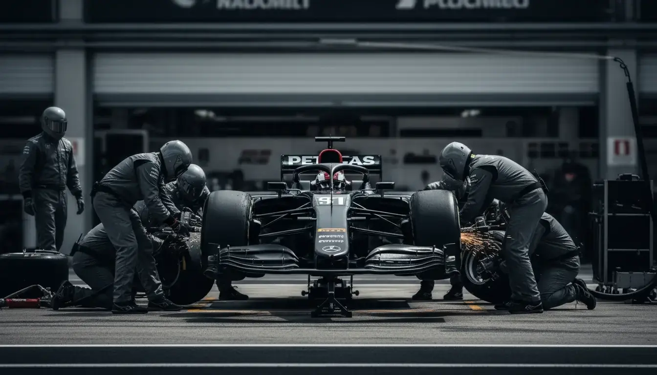 F1 monteurs voeren een snelle pitstop uit tijdens een Grand Prix