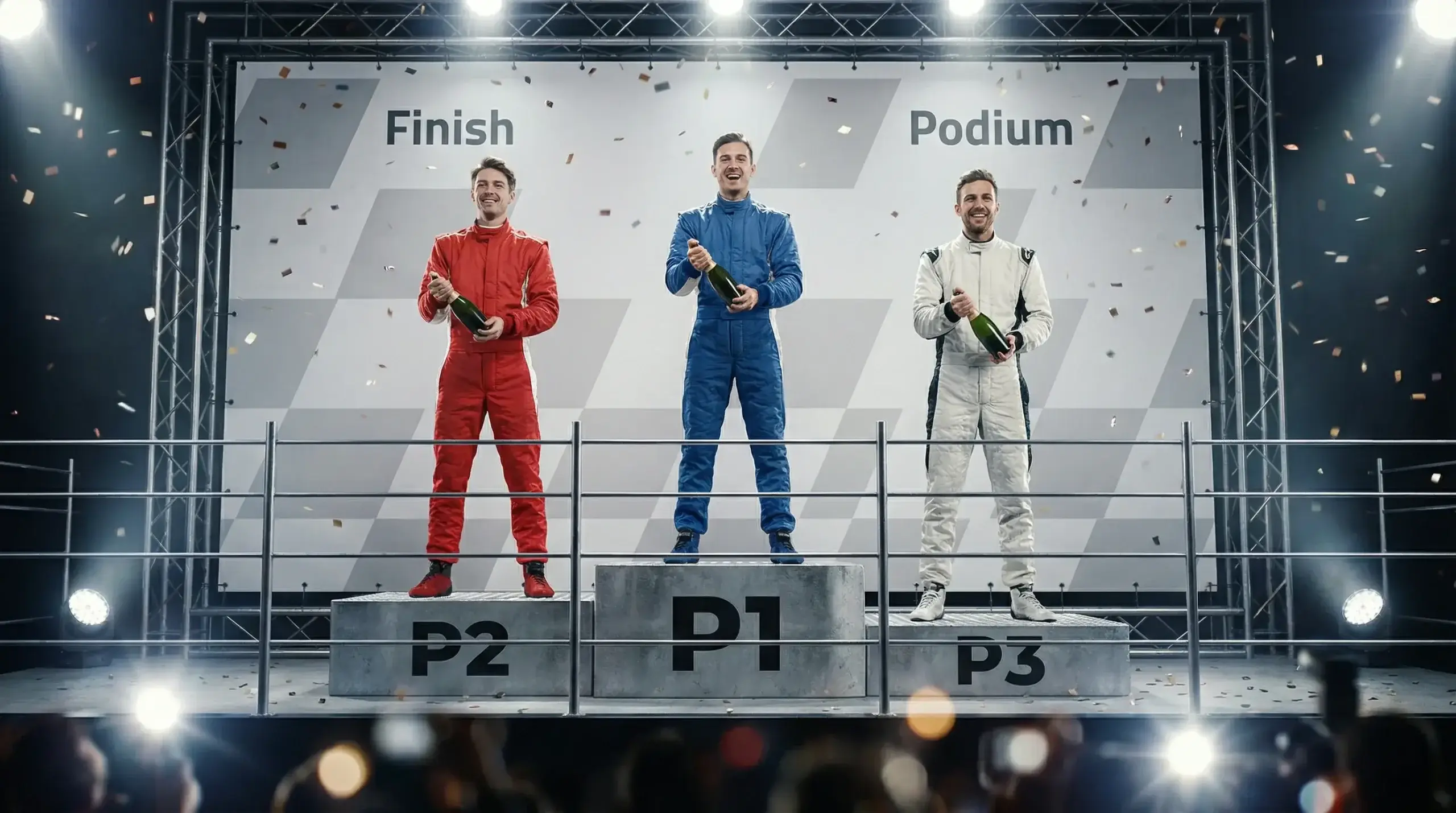 F1-coureurs vieren op het podium met champagne