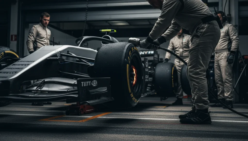 Formule 1-pitstop met monteurs die banden wisselen