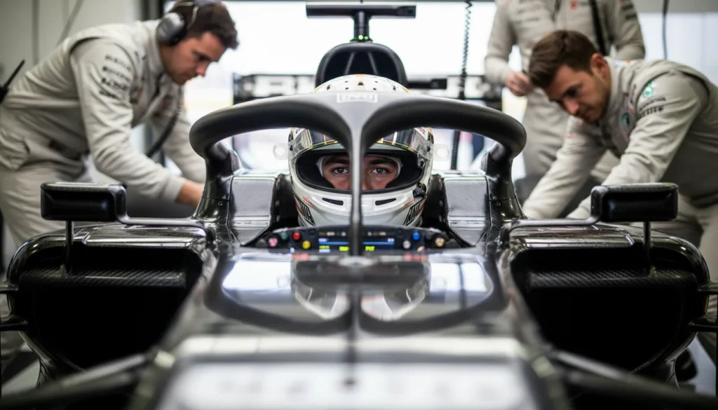 Jonge Formule 1-coureur in de cockpit tijdens zijn debuutseizoen