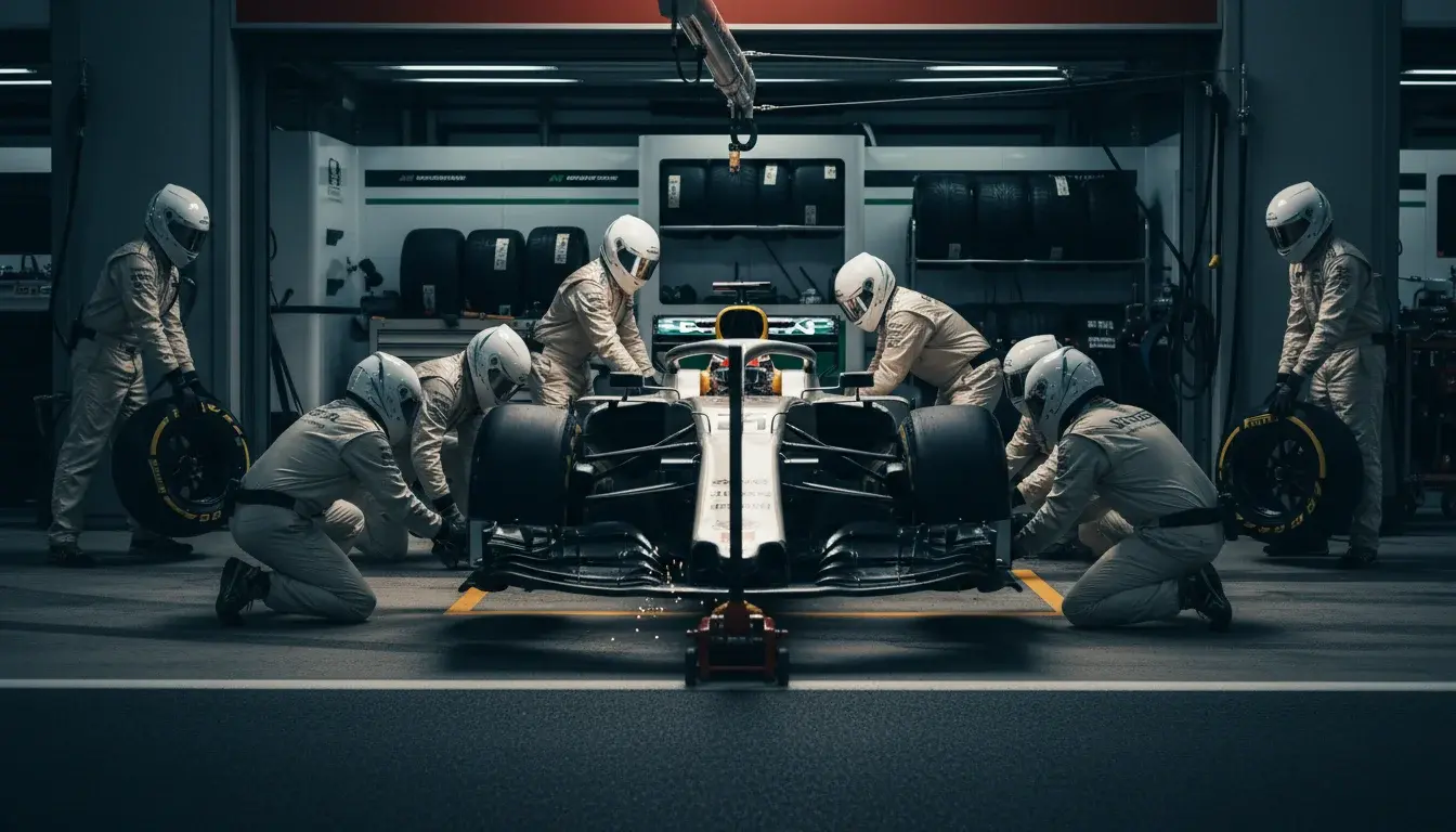 Formule 1-pitstop met monteurs die banden wisselen tijdens een Grand Prix
