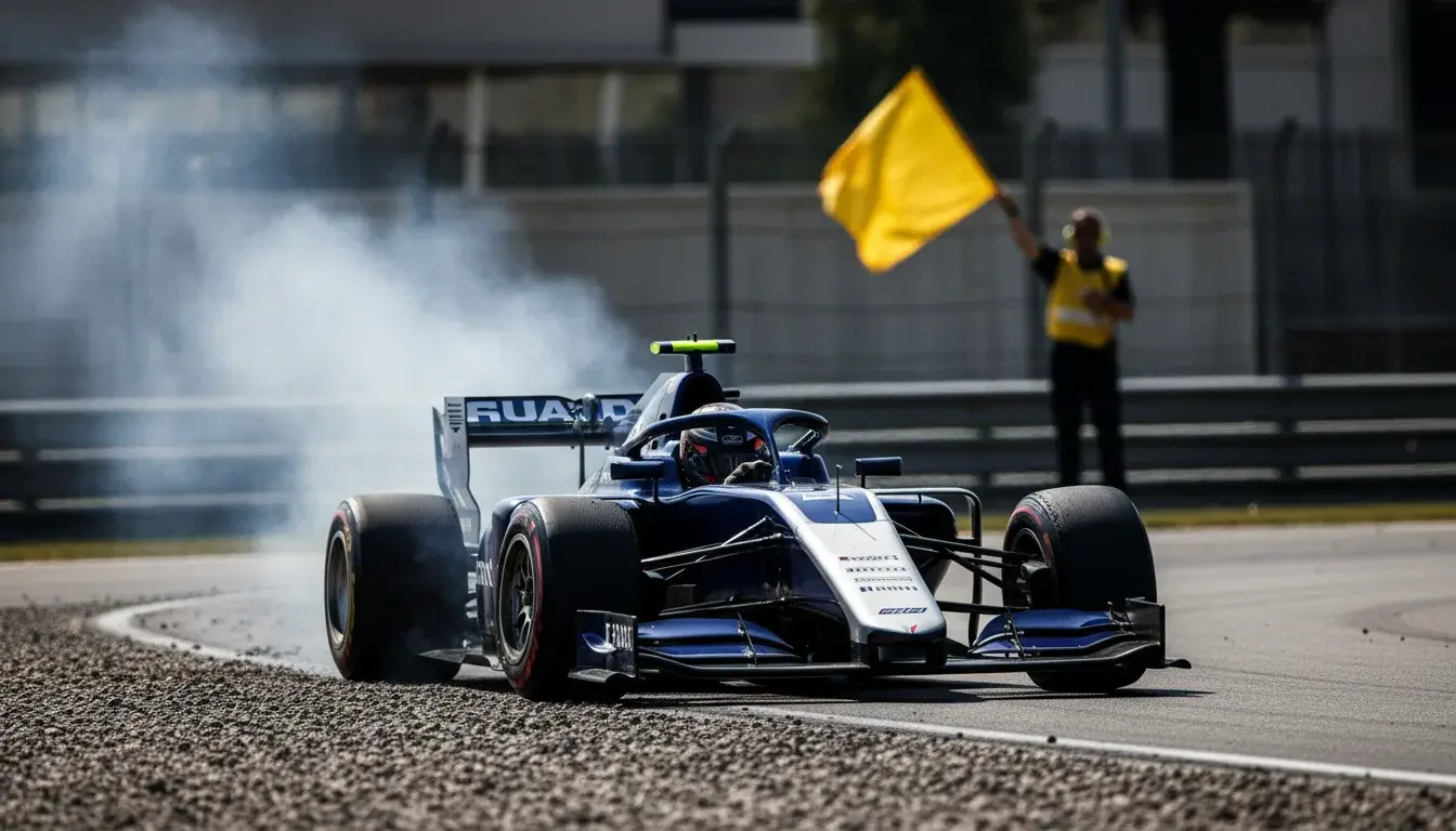 Formule 1-bolide gestrand naast de baan met mechanisch probleem