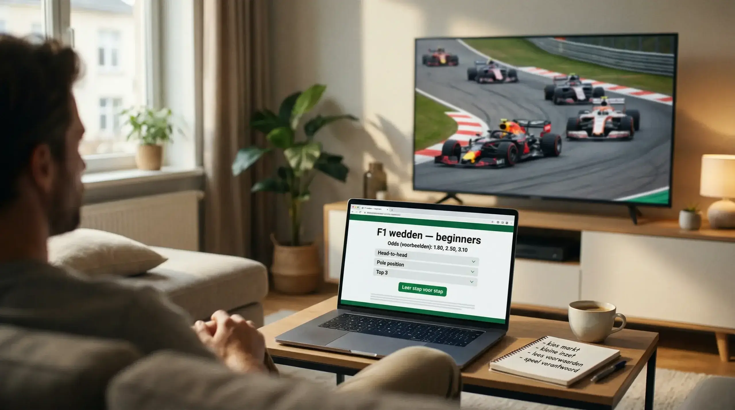 Persoon kijkt F1-race op laptop met notitieblok ernaast