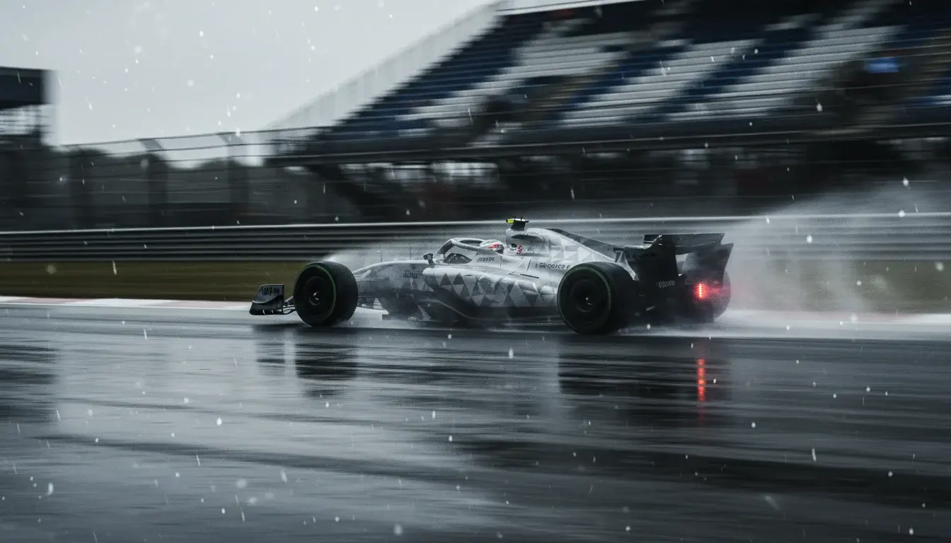Formule 1-bolide op een nat circuit met opspattend water tijdens regenrace