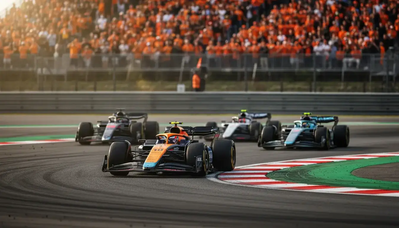 Formule 1 bolides racen door een bocht op een circuit met oranje tribunes