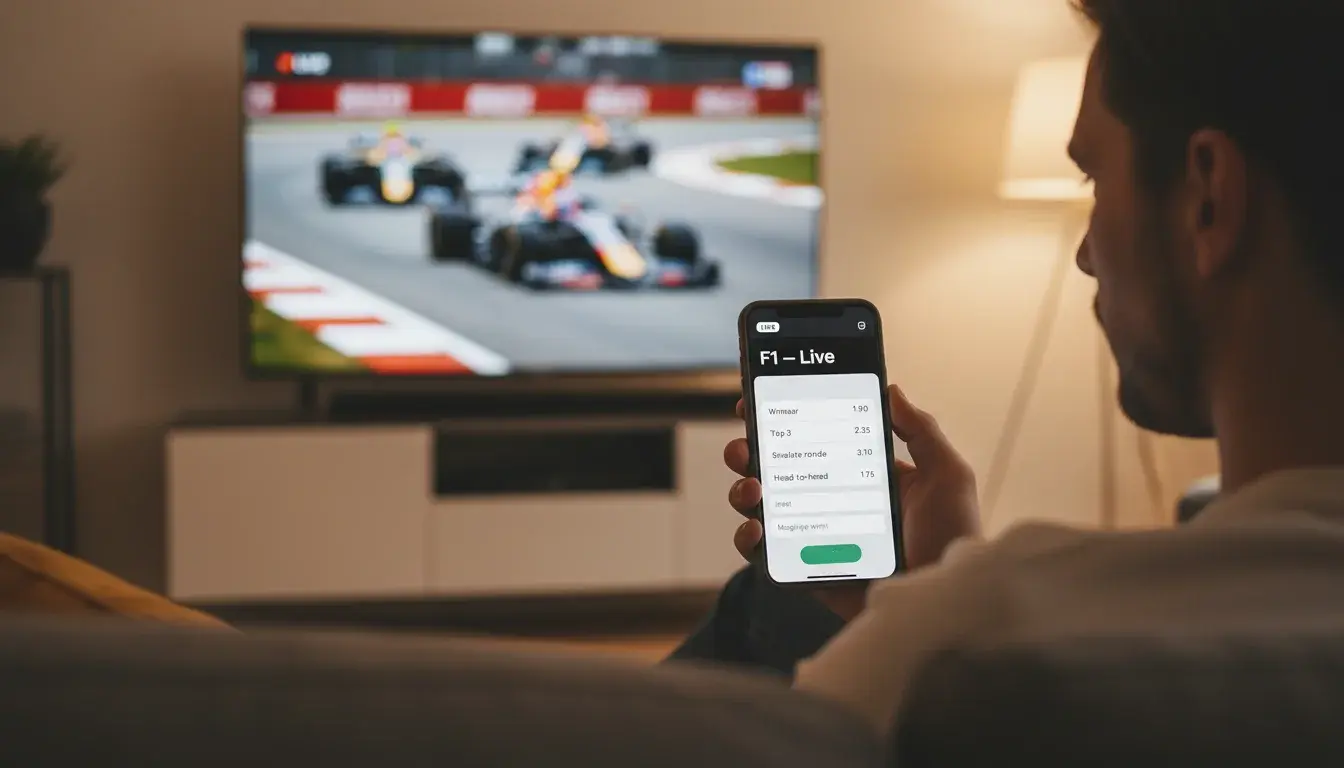 Smartphone met F1 wedden-app naast televisie met race