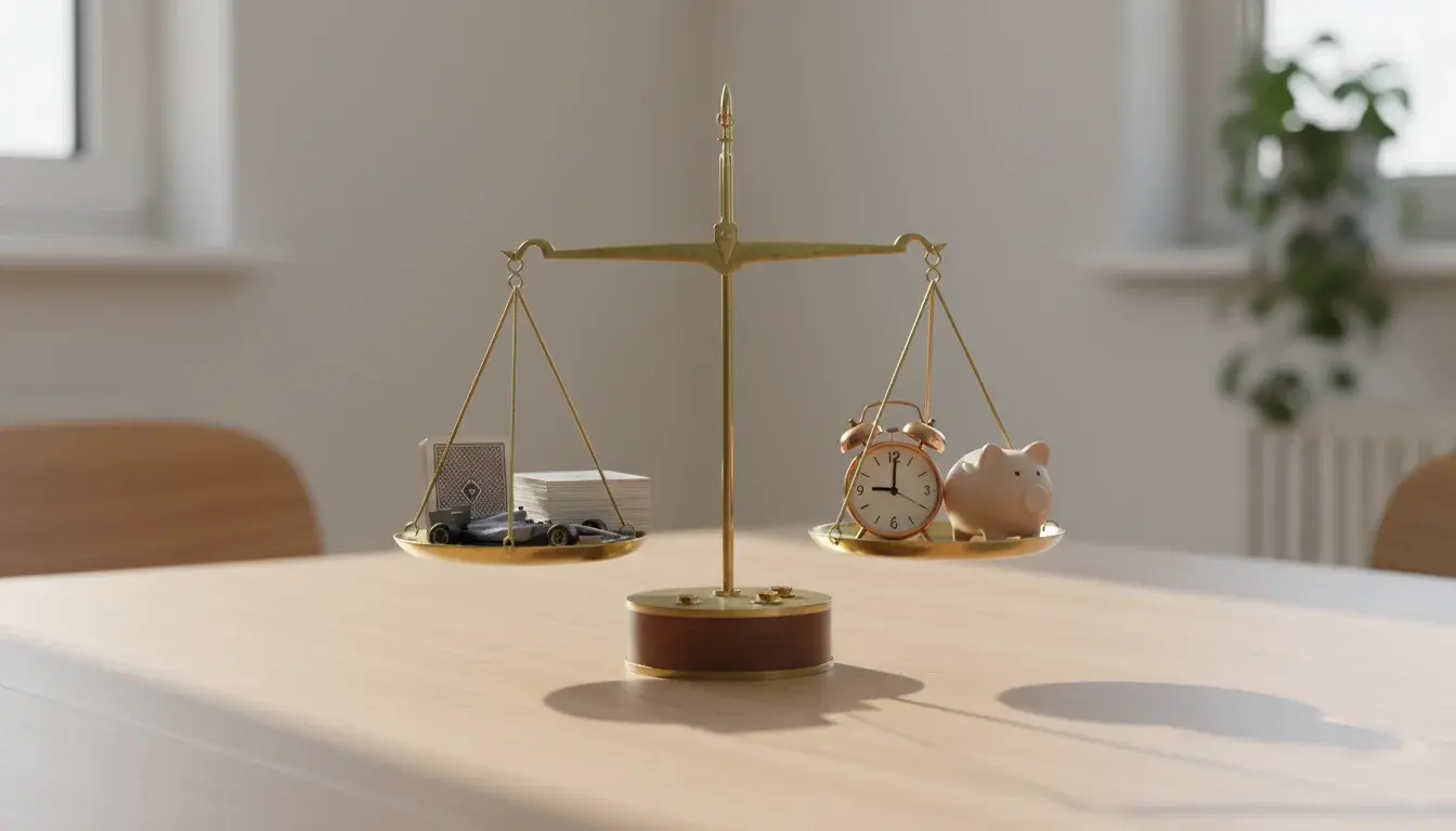 Weegschaal met entertainment en verantwoordelijkheid in balans