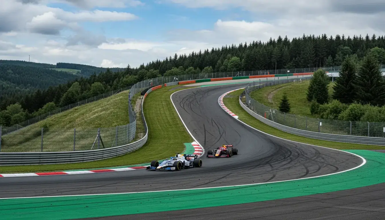 Formule 1-bolides razen door Eau Rouge op het circuit van Spa-Francorchamps