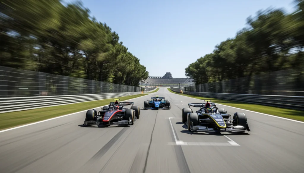 Formule 1-bolides op volle snelheid door de rechte lijn van Monza