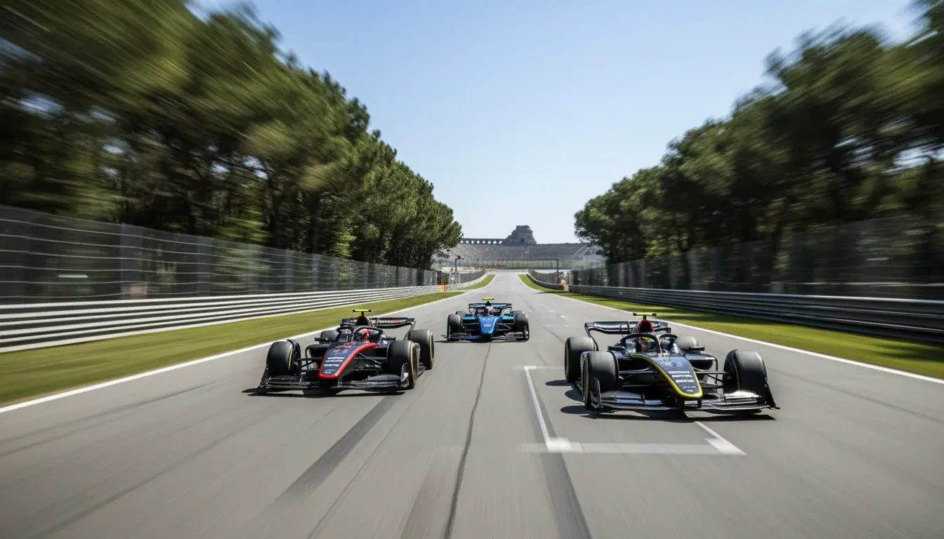 Formule 1-bolides op volle snelheid door de rechte lijn van Monza